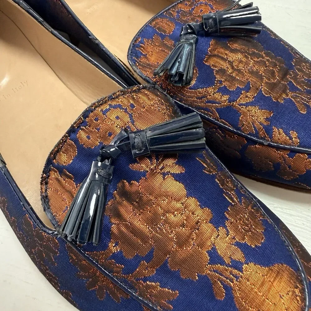 J. Crew Navy & Copper Orange Metallic Jacquard Tasseled Leather Sole Loafer Sz 7